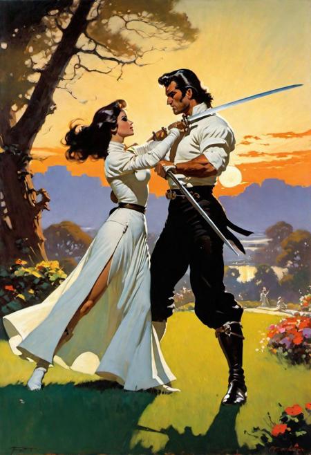 Impressionistic painting by Frank Frazetta with visible brush strokes, male sword master fighting a woman fencer, practicing sword play in a large garden, confident,  man, beautiful scenery, disciplined, collar choker, tied up hair, pale skin, fullbody, sunset,