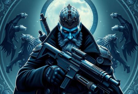 Design an intricately detailed, cinematic portrait of an Icepunk soldier with a gun, inspired by the Imperium Space Marines and cultist aesthetics. The character should wear a black greatcoat, have blue skin, and exude an air of charisma and high moral intensity, as if a sexy werewolf. Incorporate hellhounds and metallic asteroid elements into the background, and draw inspiration from the works of Masamune Shirow, James Jean, Greg Rutkowski, and other mentioned artists. Ensure the artwork is symmetrical, dark, and steampunk-themed, with a focus on eldritch, blue hues, and intricate details. The final piece should be a high-quality, 8K, octane render, created using ZBrush, Maya, or similar software, with a style reminiscent of the mentioned artists and a sense of depth and atmosphere. To achieve this, the AI should first analyze the core concept and identify key elements, then layer details and context through iterative refinement. The AI should alternate between reasoning and acting steps, incorporating self-reflection and evaluation after each action. This process should involve breaking down complex aspects into manageable sub-tasks, gradually building complexity, and incorporating instructions for handling multiple art styles and modalities. The AI should also generate background knowledge on key concepts in the subject area, such as character design, art styles, and software, to inform the prompt enhancement process.