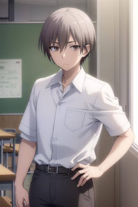 ayumuaikawa, <lora:ayumu aikawa s2-lora-nochekaiser:1>,
ayumu aikawa, short hair, grey hair, (brown eyes:1.3), male focus,
BREAK short hair, shirt, white shirt, collared shirt, pants,
BREAK indoors, classroom,
BREAK looking at viewer, (cowboy shot:1.5),
BREAK <lyco:GoodHands-beta2:1>, (masterpiece:1.2), best quality, high resolution, unity 8k wallpaper, (illustration:0.8), (beautiful detailed eyes:1.6), extremely detailed face, perfect lighting, extremely detailed CG, (perfect hands, perfect anatomy),