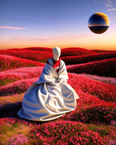 a sculpture of a woman sitting on a rock in a field of red flowers with a blue ribbon flying around her head and a planet in the background, Beeple, c4d, a raytraced image, hypermodernism ,  Beeple, redshift render, a raytraced image, global illumination, a 3D render,  volumetric light, photorealism, vaporwave