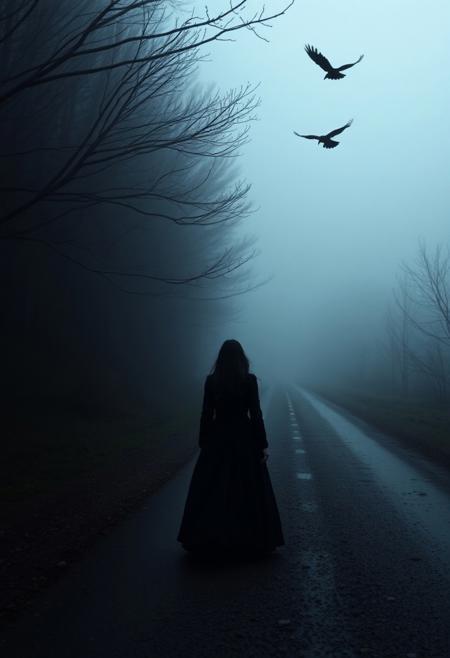 Close up shot: She spoke to me, approaching me
On a road so dark and dreary
Her black halo walked by me
Disappearing so far behind
She travelled not alone
An old wife followed on her side
And snakes crawled behind her steps
And crows circled overhead