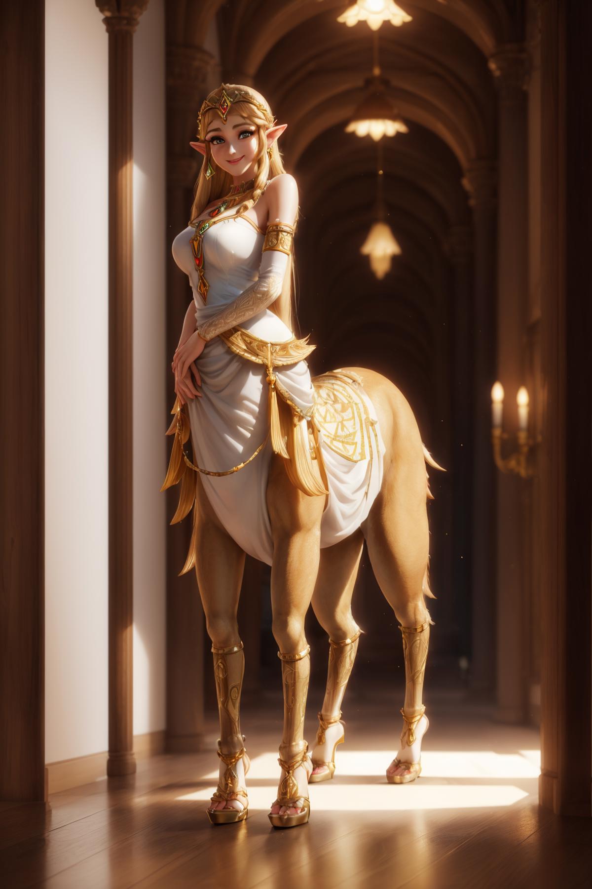 A 3D animated woman standing next to a horse.