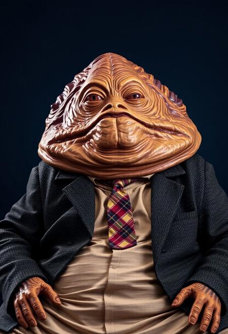 ​A studio shot hyper-realistic portrait of a Jabba the HUTT alien. He is sat in a dark tweed country jacket, cream shirt and tartan tie against a dark blue backdrop. He looks directly toward the camera. Professional studio portrait photography with classic portrait lighting and shallow depth of field against a seamless backdrop.