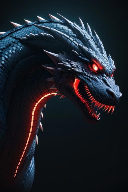 Asian dragon, red blue snake gradient vibrant neon colour, rough, textural, broad brush strokes, red color prominent detailed, alienzkin, silhouette, spotlight, dark theme, c4d, blender, raytracing, unreal engine 5, render 3d, face close up,