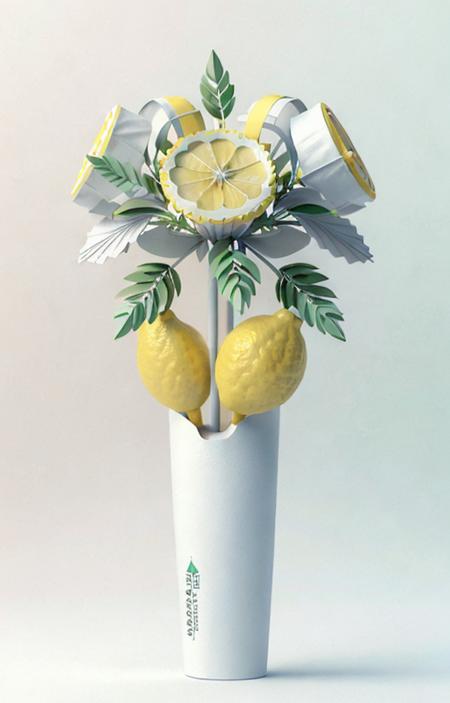 (best quality, masterpiece, absurd, Extreme detail :1.2), surreal, detailed background, minimalist style, concept design, clean, perspective,
 no humans, pov,  white background
vibrant color scheme, Softlight, (warm color:1.2),Water color painting, light background, best quality exquisite details,3d rendering, Octane render, pastel,
paper cut,
lemon fruit,  Lemon flower,  lemon green leaves
 <lora:sinfully_stylish_SDKL:1>