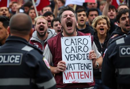 A photograph of a screaming, ragged, angry group of Torino FC fans, wearing a burgundy soccer vest, protesting with a poster in his hands that says "CAIRO VENDI E VATTENE!", police officers stand in the foreground with their backs to the viewer,
