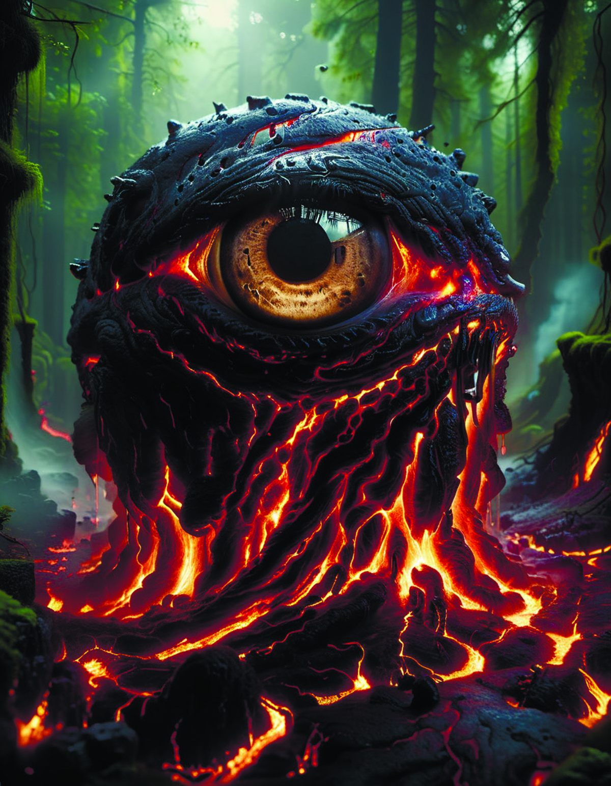 An Eye with a Fire Background and a Tree Stump, Artistic 3D Rendering of a Dragon Eye