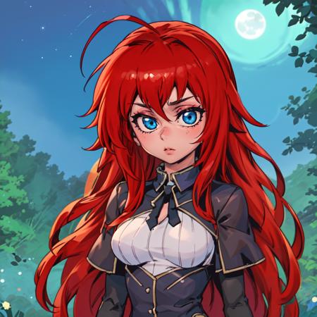 masterpiece, best quality, <lora:PhantomIxRowStyle:1>, phantixrow, <lora:doumyouji_cocoa_v2:0.6>, 1girl, solo, rias gremory, red hair, long hair, blue eyes, large breasts, night, outdoors, moonlight, forest, scenery