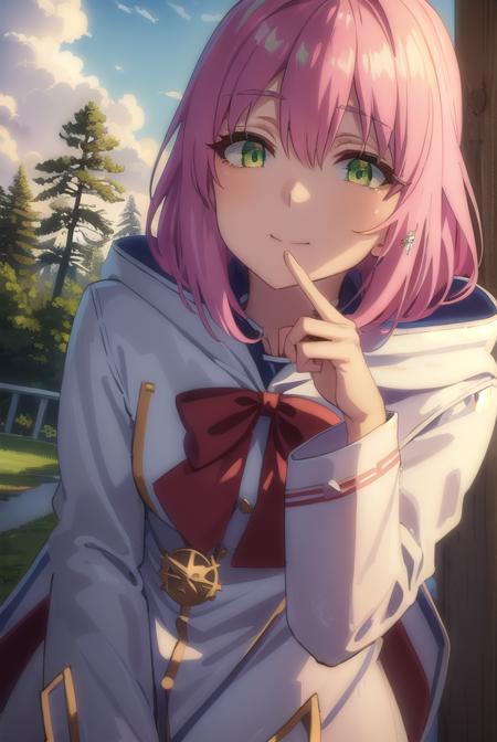 nornclatalissajioral, <lora:norn clatalissa jioral s1-lora-nochekaiser:1>,
norn clatalissa jioral, long hair, hair between eyes, (green eyes:1.5), pink hair, smile,
BREAK long sleeves, dress, bow, red bow, hood, robe, white robe,
BREAK outdoors, forest, nature, grass, trees, sun, sky, clouds,
BREAK looking at viewer, (cowboy shot:1.5),
BREAK <lyco:GoodHands-beta2:1>, (masterpiece:1.2), best quality, high resolution, unity 8k wallpaper, (illustration:0.8), (beautiful detailed eyes:1.6), extremely detailed face, perfect lighting, extremely detailed CG, (perfect hands, perfect anatomy),