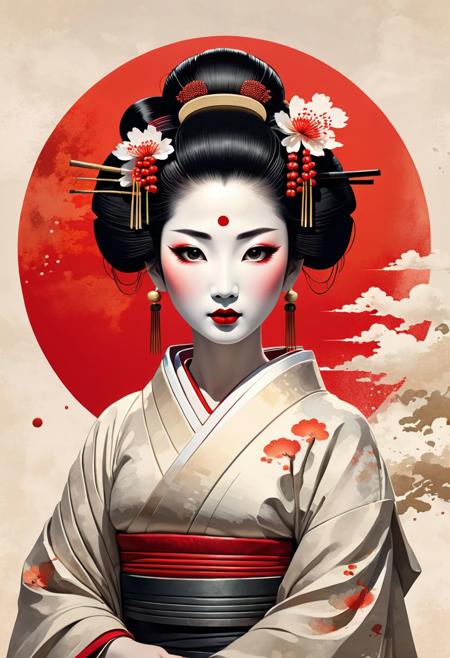Beautiful Geisha, A detailed illustration muted chinese ink painting, muted colors, strong rice paper texture, splash paint, stains, imperfections, torn, halo ai, one human, one red sun. Venus. Space. Clouds wet to wet techniques. vibrant vector. using Cinema 4D, ukiyo-e style, brush art, (minimalist:1.8)