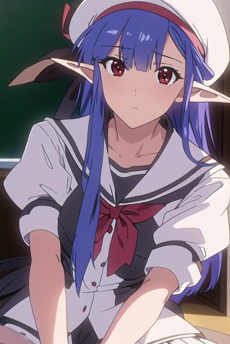 shufflenerine, <lora:nerinetest:1>,
nerine, long hair, blue hair, pointy ears, (red eyes:1.5),
BREAK skirt, hat, school uniform, short sleeves, socks, puffy sleeves, puffy short sleeves, beret,
BREAK looking at viewer,
BREAK indoors, classroom, 
BREAK <lora:GoodHands-vanilla:1>, (masterpiece:1.2), best quality, high resolution, unity 8k wallpaper, (illustration:0.8), (beautiful detailed eyes:1.6), extremely detailed face, perfect lighting, extremely detailed CG, (perfect hands, perfect anatomy),