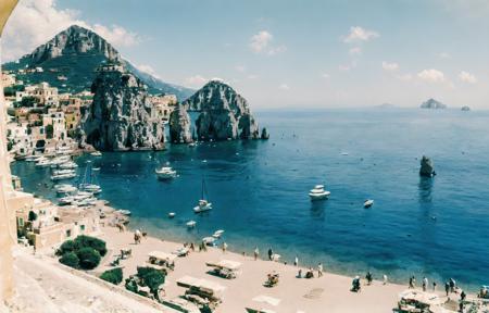 vintage photo of (italian coast:1.3), Italy in the (1950ties:1.1), (Capri:1.2), panoramic view, (mountains:1.2), (old city:0.9), sea, cliffs, beach, azure, bay, sunny, no clouds, cinematic lighting, golden hour, god rays, 8K, (highly detailed:1.5), (ultra-realistic:1.5), masterpiece, Hasselblad,  (ag400:1.2) (film grain) <lora:Analog Style Agfa:0.85>