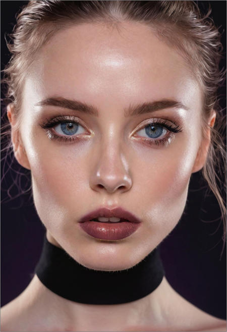 A professional (fashion photo photography:1.2),a  (studio portrait:1.2),showing (surrealistic style:1.1),(black purple gradient background:1.2),(exaggerated character movements:1.5),against glass,(masterpiece, best quality:1.4), perfect body,  long hair, brown hair, brown eyes, parted lips, , detailed skin,model photoshoot, long bob-cut hair, shiny oiled skin, pale skin,  pale white skin, shiny oiled skin, pale skin, realistic eye and face details), hyperrealism, very slim,  bright face, blue eyes, choker, make-up photography by (Ethel Warwick:1.3), modelshoot, pose, , (Ethel Warwick: 1,2) award winning photo macro shot  dramatic lighting,philosophical dimensions,NIKON Z9,35mm,f/1.2,RAW format,stark composition.,(muted tones:1.2),award winning photo,(dream-like quality:1.2),