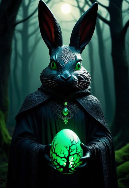 A hauntingly beautiful dark fantasy illustration of an Easter Bunny, cloaked in shadows and partially obscured by a veil of darkness. The Bunny is adorned with intricate, menacing tattoos and wears a sinister smile. It holds a large, ominous egg that glows with a sickly green light. The backdrop of the scene is a twisted, gnarled forest, with eerie moonlight casting long shadows across the ground.