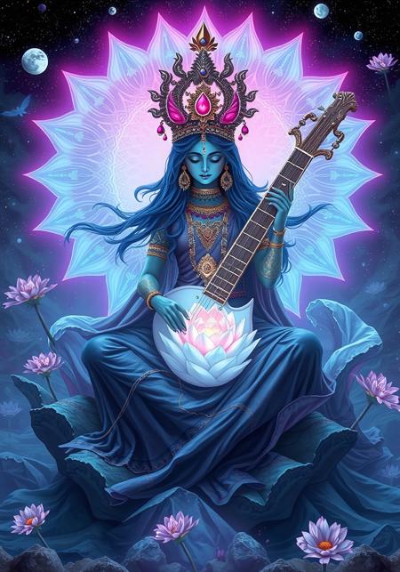 "Lotus Saraswati , octocore, fusepunk, petrol colored, tuba, illusion,  limitless, pale, chaotic, ultra detailed, cinematic  "

