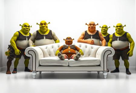 A vibrant, well-lit room entirely in white where five Shreks of different heights and widths stand behind a classic white sofa. On the sofa, a life-sized Gingerbread Man from the Shrek movies sits with a comically surprised expression, reminiscent of the 'white girl on couch' meme. The Shreks should be shirtless, standing in their iconic green skin, with some variation in their expressions for added humor. The Gingerbread Man should have detailed icing and candy decorations, emphasizing his surprise. The overall scene should capture the humor and surrealism of the original meme, with a focus on the stark contrast of the characters against the white backdrop.