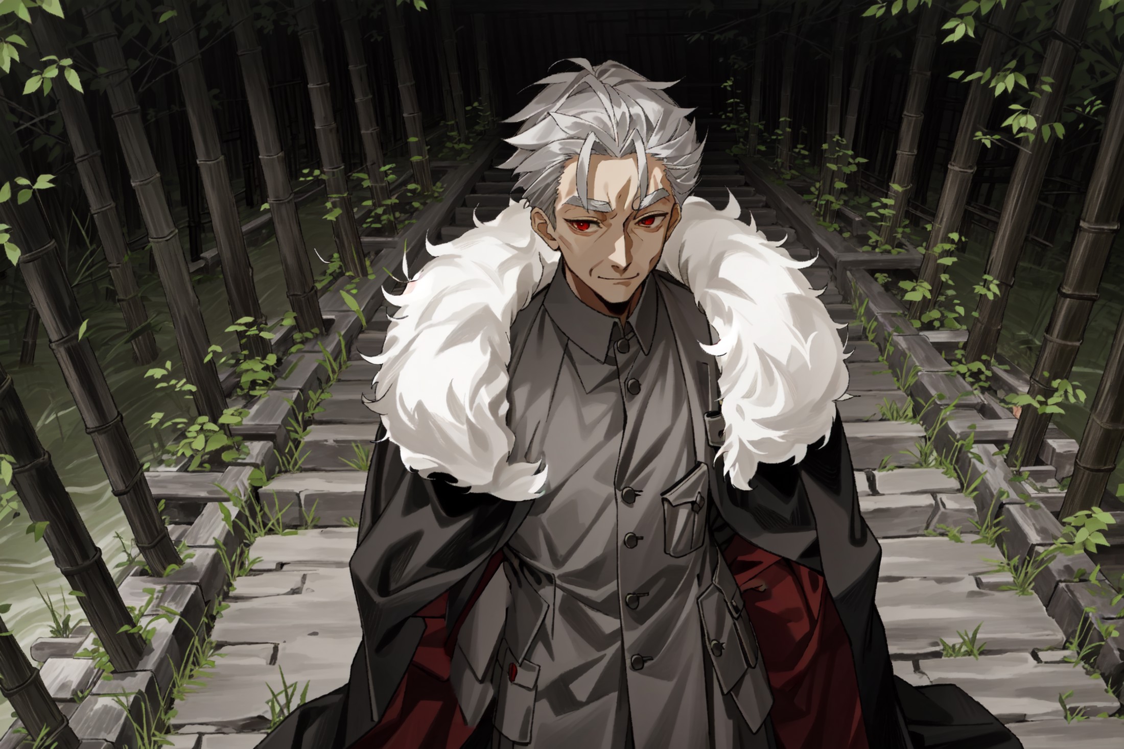 li shuwen (old), solo, outdoors, bamboo forest, looking at viewer, night, red eyes, masterpiece, best quality, fur trim, b...