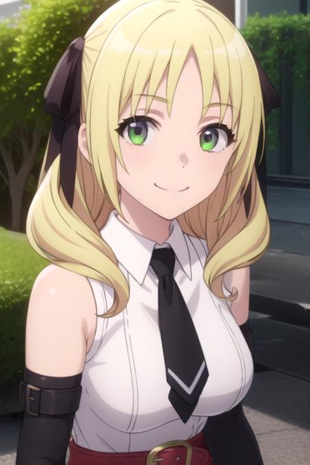 Esther Rosenthal long hair,blonde hair,twintails,hair ribbon,black ribbon,parted bangs,green eyes bare shoulders,white shirt,collared shirt,sleeveless shirt,black neckwear,large breasts,skindentation,red gloves,elbow gloves,belt,miniskirt,high-waist skirt,red skirt,pleated skirt,zettai ryouiki,garter straps,thigh strap,black thighhighs,boots,black footwear ------------------------------------------------------------------------------------------- collarbone,underwear only,purple bra,large breasts,navel,garter belt,purple panties,black thighhighs,loafers