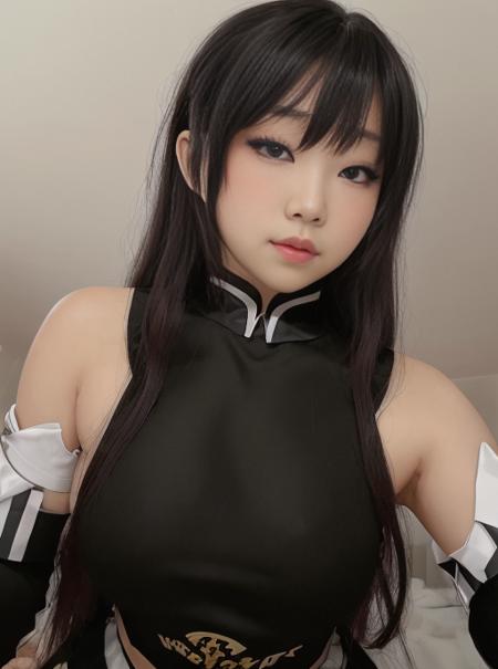 Tsikyo woman wearing a black cheerleading uniform, brown eyes, dark blonde hair, hyper realistic, 4k, masterpiece, beautiful, facing the viewer, headshot, ((white skin)), cleavage