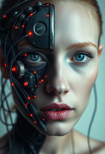 (Soft Lighting Photography by Mimoza Veliu and Mario Giacomelli:1.2), NSFW, wired-cyborg, biomechanical, high quality photography of a woman's face, split down the middle, showcasing two distinct halves. The left side of her face is a mechanical construct, resembling a futuristic cyborg or android, with intricate circuitry and wires visible beneath her skin. The mechanical half is a dark, metallic color with glowing red circuitry and numerous tiny, glowing red lights, giving it an eerie, otherworldly appearance. The right side of her face is human, with pale, almost deathly skin, sci-fi horror aesthetic., sexy