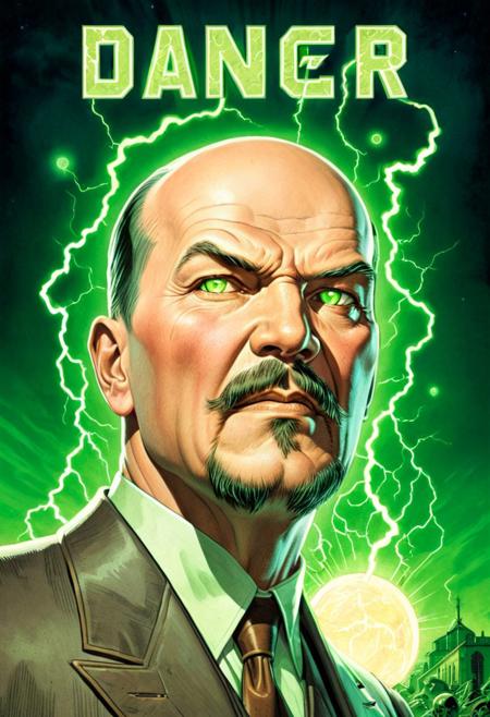 Vladimir Lenin
Glowing eyes. Danger. Entity. Illustration. Fabulous palette. Grand composition. Comic book cover. Comic book panel. Sci fi. 
Expressive eyes.  Edgy. Mean. Fun. Celestial backdrop. 
detailed skin, pores, sweat, blush, tan
Necron, electricity, green glow, green theme,