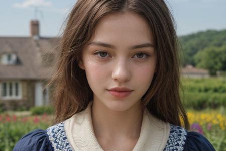 35mm film, one pretty european girl, solo, supermodel, brown hair, long wavy hair, pale skin, perfect face, small nose, blue eyes, symmetric lips, big tits, nice breasts, cleavage, necklace, jewelry, blue lace dress, looking at viewer, looking at viewer, a breath taking flower garden view, offering panoramic views of majestic and sweeping flower blooming fields, cottage, sommer garden, summer house, nature light, full body, epiCPhoto, <lora:pytorch_lora_weights:0.5>, <lora:picxer_real:0.7>, <lora:FilmVelvia3:0.3>, <lora:more_details:0.6>