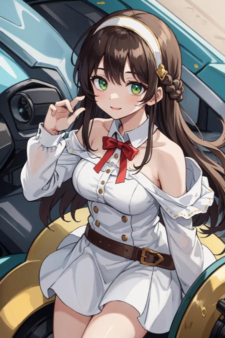 (masterpiece, best quality:1.2), (ultra detailed), (detailed background), (illustration), (delicate illustration), ray tracing, global Illumination, full body,  
165cm, 77-60-88 C-cup breasts. glossy dark brown hair, a waist-length wave hairstyle, Gold bird-winged hairpins and headband, green eyes with a mechanical glow, Synthetic Biotissue skin, synthetic seams on the skin, white dress shirt, beige dress, a red ribbon, Fascinating smile, elegant & refined impression,, Original Character, infancy_13_years, 1girl, JY:1.2, solo, long_hair, bangs, brown hair,  braid, wavy hair,  green eyes, heterochromia, Azure eyes, medium_breasts, A lovely golden ratio body,  delicate feet, Honeyed thighs, glossy skin:1.2, shiny skin:1.2, detailed skin,, (8k), (4k), Brilliant Colorful Paintings, Dramatic Shadow, An Extremely Delicate And Beautiful, Best Shadows, extremely detailed, intricate, sharp focus, hyper detailed, Shallow Depth of Field, Dramatic Lighting,