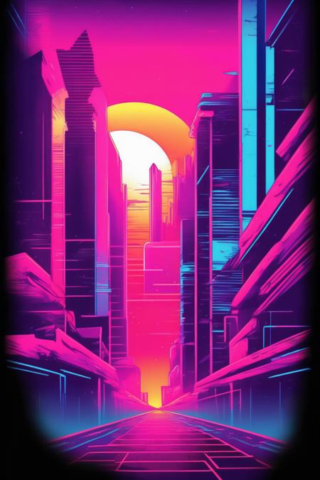 <lora:Synthwave T-shirt:1>Synthwave T-shirt - Create a mesmerizing T-shirt design graphic inspired by a synthwave city. The style of the artwork should be vibrant and retro-futuristic, capturing the essence of the 1980s. The mood of the artwork should evoke nostalgia, excitement, and a futuristic atmosphere. The lighting style of the graphic should feature neon lights, vibrant colors, and dramatic shadows. T-shirt design graphic, vector, contour, black background