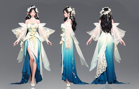 Back view, front view, multi-view, original design, East Asian character design, game character, 1 girl, long hair, solo, flower, yellow and white dress, full body, sheer outfit, standing, bare shoulders, looking at the audience, hair flower, split sleeves, hair decoration, gradient dress, gradient background, gray background<lora:Triple viewV2:1>