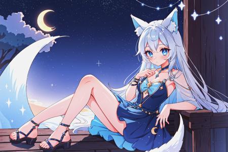 1girl, silver_hair, fox_ears, melancholic,
starlit, night, crescent_moon,
sitting, thinking, stardust,
(dress/shimmering/blue/moonlit), sandals
<lyco:PinkTeaV2:0.7>,