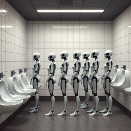 bathroom, public bathroom, female androids lined up in front of the public toilets, sexy robot androids, sexy curvaceous, lineup, urinals,