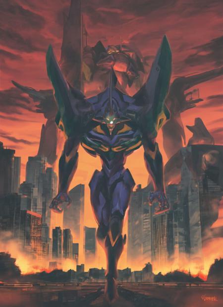 evaunitone, building, city, cityscape, cloud, cloudy sky, fire, full body, glowing, glowing eyes, mecha, multiple views, orange theme, outdoors, robot, sky, skyscraper, standing, walking, eva 01, neon genesis evangelion, highres <lora:SD15_noise_offset:1> <lora:eva01_v2:0.7>