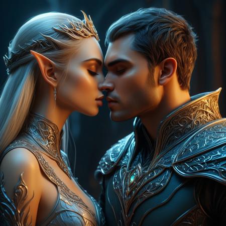 brutal handsome man kissing a beautiful elven queen, magical, sci-fi, beautiful, unimaginable, 
very dramatic, naturalistic, photorealistic, highly detailed digital art, science vs fantasy, 
accurate intricate and realistic anatomy, 
soft lighting, Cinematic, Color Grading, Editorial Photography, volumetric lighting, atmospheric, Photography,