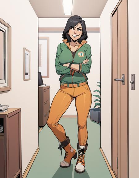 (masterpiece,best quality),1girl,hlmcorey, <lora:HLMCoreyAnimagine:0.7>,full body,green jacket,orange pants,standing,looking at viewer,boots,indoors,in apartment building,smirking,crossed arms,