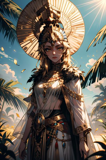 ACOIsidora, 1girl, golden eyes, crown, feathers