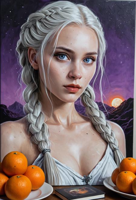 dragon art theme, a painting of a fruit and yogurt dish with oranges and whip cream on top of it, (17:0.9090909090909091), a digital painting, Chris Friel, a1bs2trac1t, background, aura, Hair, Long, silver-blonde hair, (often described as pale as moonlight:1.1), a hallmark of her Targaryen lineage. In the books, her hair is worn in intricate braids, symbolizing victories and tradition, Eyes, Large, violet eyes, often noted for their intensity and otherworldly quality, typical of the Valyrian race, Skin, Pale, creamy complexion with a smooth, almost luminous quality that enhances her striking beauty, Build, Slim and petite, yet strong and resilient, reflecting her gradual transformation from a timid girl into a determined leader, short in stature. The painting is done in an oil on canvas style, measuring 20 x 38 inches \(54 cm\) with the artist's signature brushes visible.,
View from above. A large piece of mandarin orange fruit with green leaves and a slice cut out of it lies on its side on a table with a purple background. The mandarin orange has a white skin with blue eyes and a black nose and mouth. It is surrounded by several books about the character Chris Friel from 'Ash vs Evil Dead' series. One book titled 'Evening Light' is placed next to the mandarin orange. Another of the books titled 'Burning Crayons' is lying on its side behind the mandarin orange. The third book titled 'Cosmic Magic' is located at the bottom right corner of the image. The background features a purple wall with a large painting of a woman's face and a few oranges scattered around it.
 <lora:a1bs2trac1t:1>