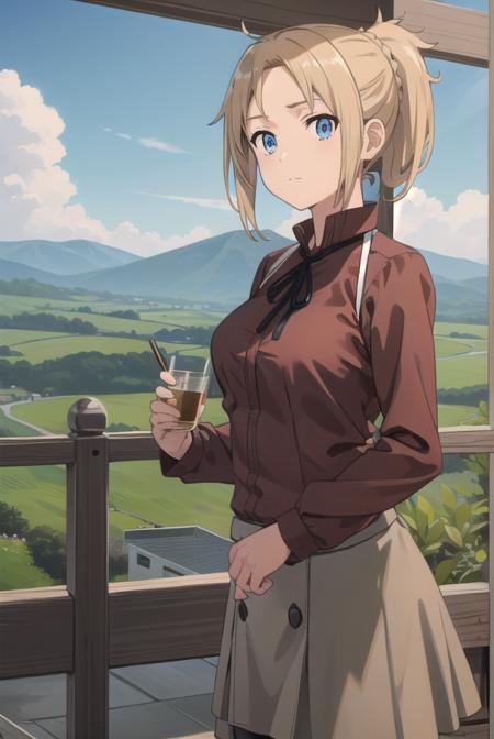 zenith greyrat, short hair, blonde hair, blue eyes, ponytail, ahoge, skirt, shirt, thighhighs, long sleeves, ribbon, boots, black thighhighs, thigh boots, brown shirt,