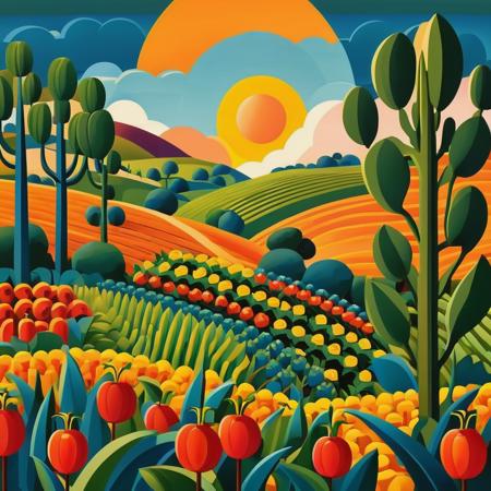 vector art, style of Tarsila do Amaral agricultural industry, flat color