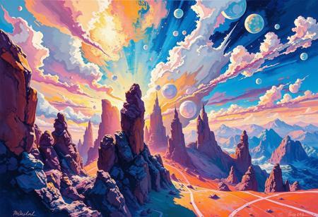 gouache painting about In the unpublished and breathtaking image far beyond the unseeable by syd mead, the essence of the Master's artistry shines through with remarkable clarity. As your eyes wander across the canvas, you'll encounter a harmonious fusion of elements that defy convention and ignite the imagination. It is a visual symphony that stands as a testament to meads boundless creativity. Vibrant and sublime colors dominate the image, bursting forth with a luminosity that captivates the viewer.,