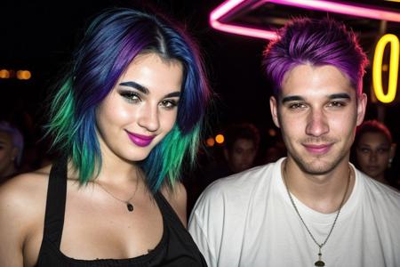 score_9, score_8_up, score_7_up, score_6_up, beautiful 19 year old girl, colored hair, neon lights, rave, crowd, nightime, dusk, smiling, ultra realistic, big lips, (masterpiece, best quality, highres:1.2), (photorealistic:1.2),
