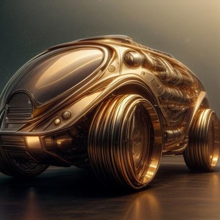 OverallDetail, rim light, gl0ssy_vray_8k, Extremely intricate, epic background, gigantic, masterpiece, 8k resolution, otherworldy, amazing, different angles, front view, faraway view, from below, matte black, gilding machine, j_sci-fi,  golden plated futuristic automobile