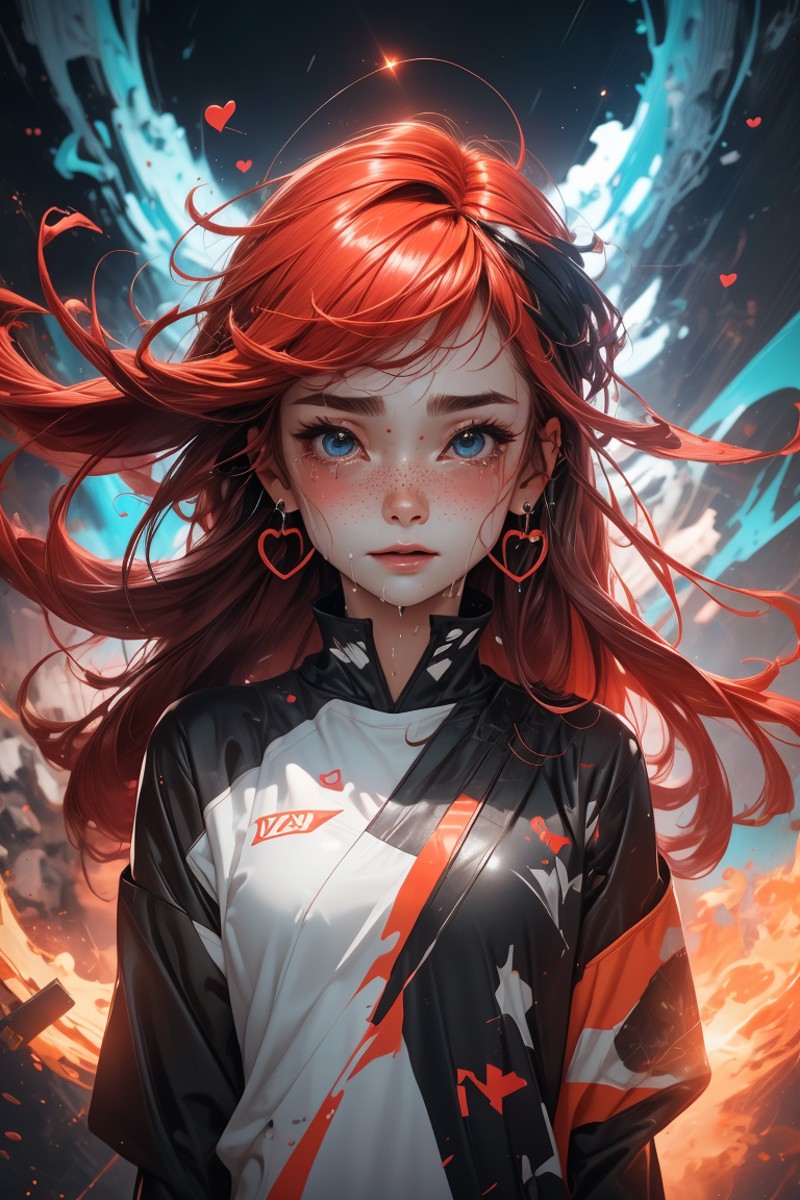 red hair, long hair, freckles, earrings,
(upper body:1.1), particles, sparkles, flames, tears, (crying:1.1), (wet face:1.1...