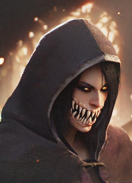 <lora:mileenamk9:0.8>, score_9, score_8_up, score_7_up, mileena, black hair, medium hair, yellow eyes, face, close-up portrait, dark cloak, hood, dark, dim light, cinematic, dramatic light,
source_cartoon,