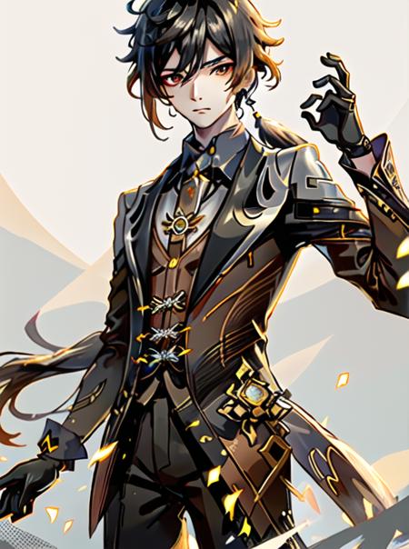 masterpiece, best quality,zhongli \(genshin impact\), earrings, 1boy, formal, jewelry, suit, long hair, tassel, gloves, solo, single earring, long sleeves, ponytail, bangs, male focus, jacket, closed mouth, black gloves, necktie, looking at viewer, collared shirt <lora:Zhongli:1> ,brown suit,