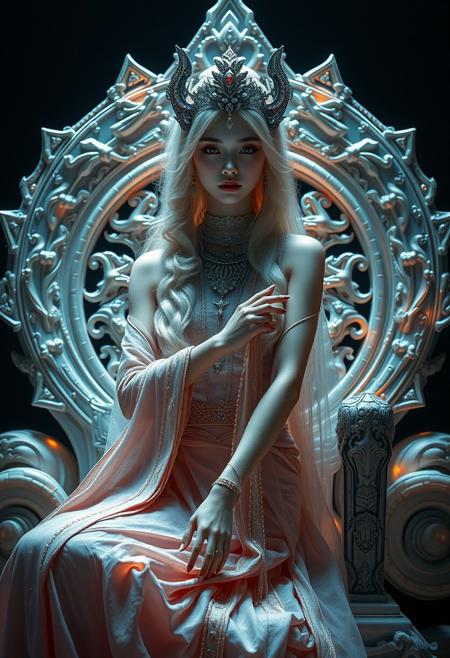 Stunning portrait of the beautiful Queen of the Cosmos, with Asian skin, sitting on an Ethereal Throne, ((Gorgeous albino girl) ), Use warm tones and soft lighting, dark background
