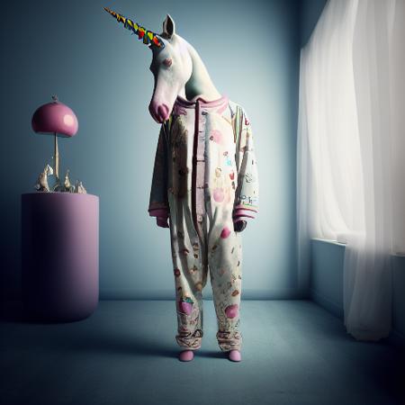 a surrealist sleepyheaded unicorn wearing pajamas inspired by Davegore and Yves Tanguy and Kahn Nova and Mark Ryden, muted colors, 128k, photorealistic, Houdini 3d, extremely intricate, ultradetailed, cinematic lighting, epic composition , <lora:LilYunicorn2-05:1> <lora:chibiStyle_v1:1> <lora:lunadiffusion22:1>