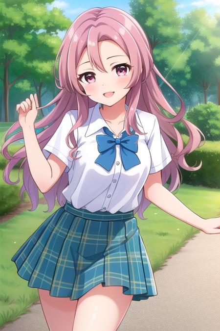 masterpiece, best quality, 1girl, solo, serizawarenge, pink hair, long hair, pink eyes, bangs, white shirt, short sleeves, blue bowtie, pleated skirt, plaid skirt, green skirt, school uniform, smile.