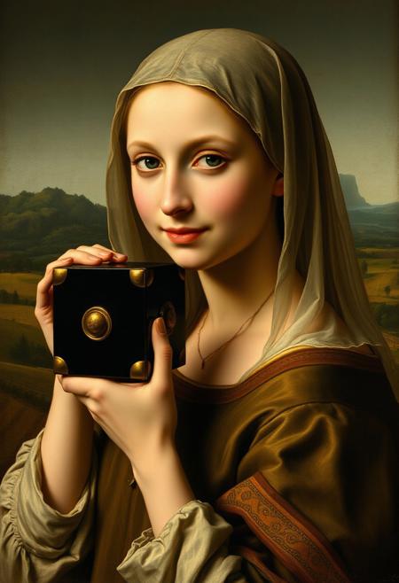 Long lost Leonardo da Vinci painting of a girl holding a mysterious black box with round edges and simple ornaments near her ear, dramatic light, profie portrait, slight smile, enigmatic, head covered with transparent veil, 15 century Toscana landscape in background.