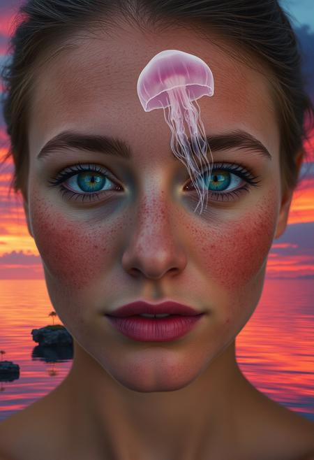 A portrait of a freckled woman, her eyes reflecting a serene sunset over a calm ocean, with the sky painted in vivid, otherworldly hues of pink, orange, and purple. Floating islands with glowing plants hover above the water, casting ethereal reflections. A giant, translucent jellyfish drifts gracefully through the sky, adding a touch of whimsy to the surreal landscape.