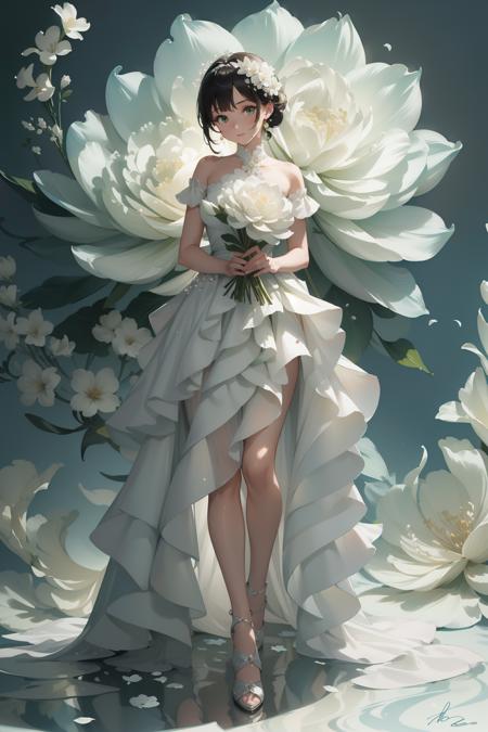 floral dress, simple background, flower, signature, blood, white flower, green background, bouquet, still life